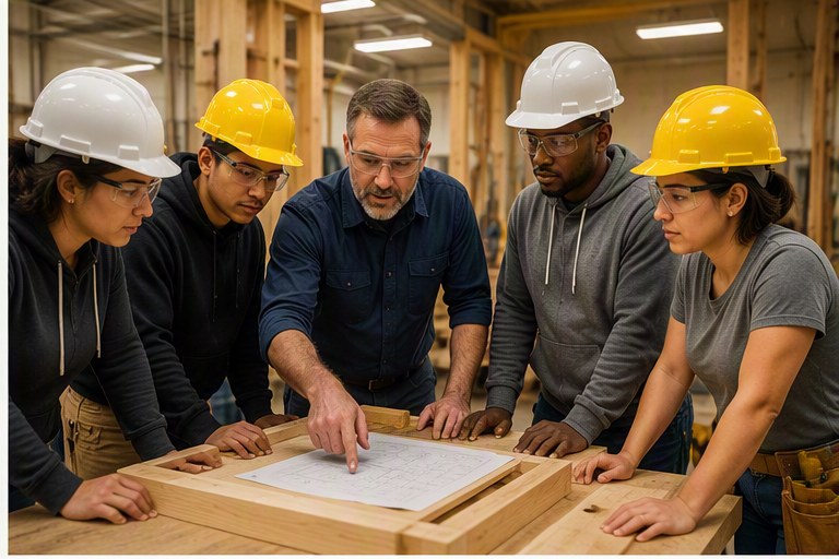 Instructor guiding students around a workbench in a construction training workshop