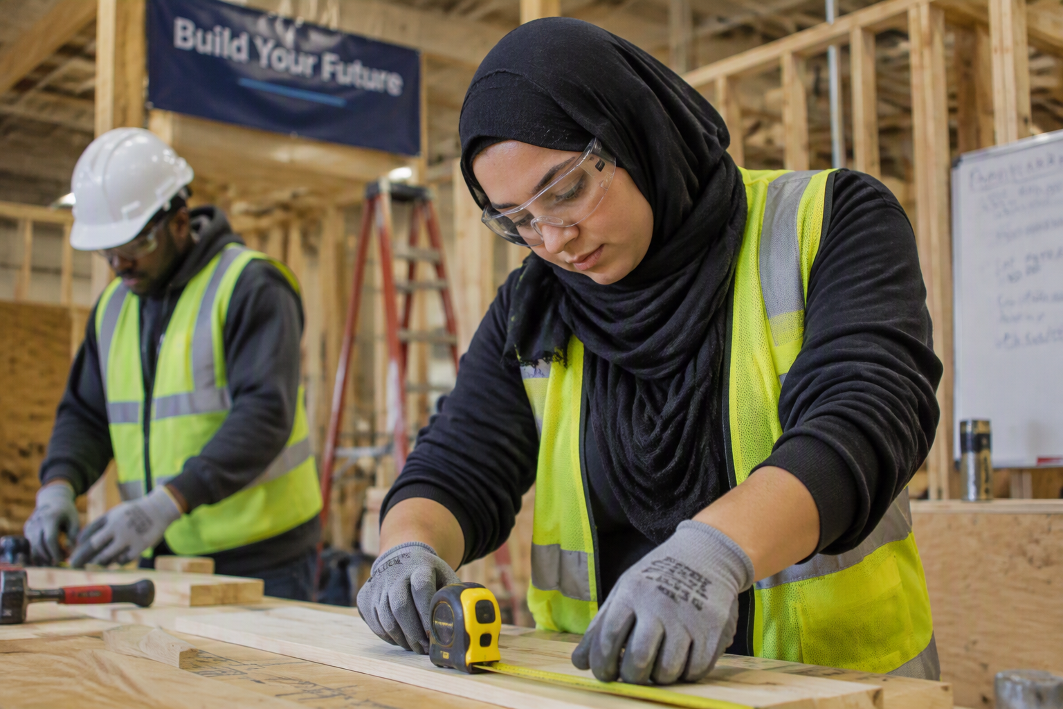 Students in a commercial construction training workshop